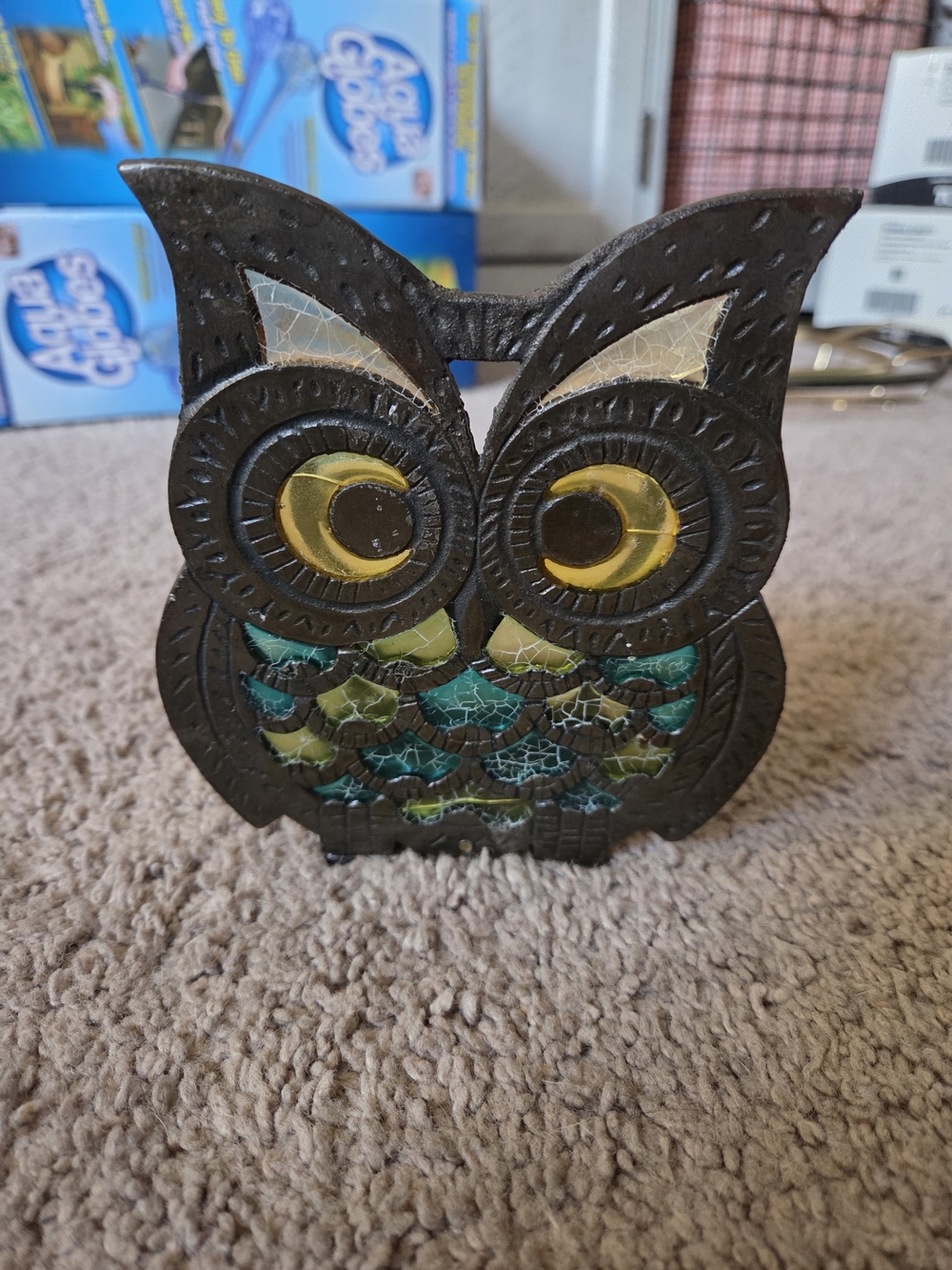 Vtg 1960s 70s OWL Napkin Bill Holder Cast Iron Stained Glass “as is”